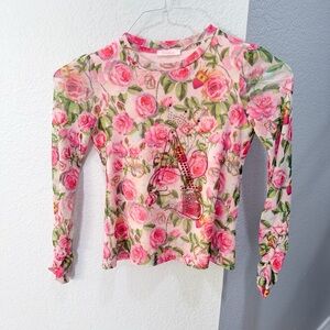 Girls Pink Floral Long-Sleeve Top Size S with Rhinestone Heart Ruched Sleeves